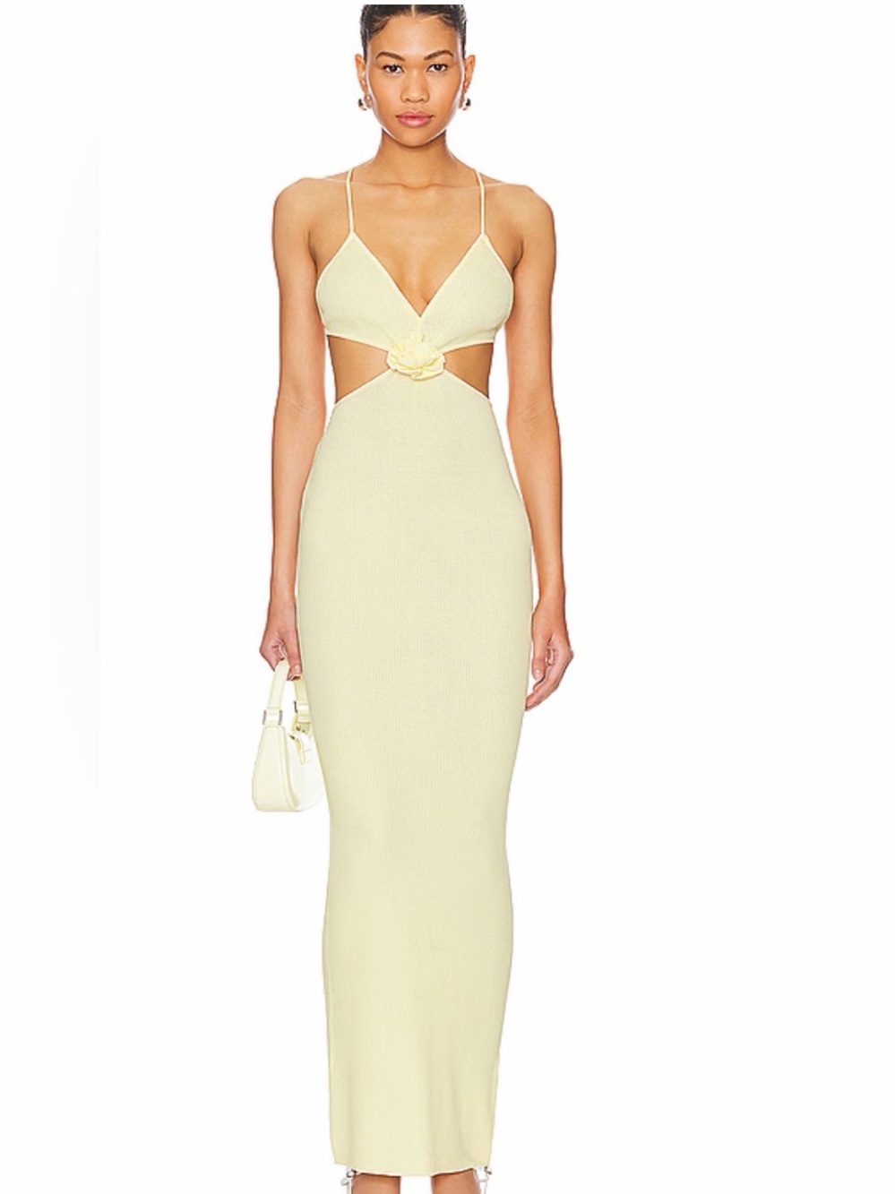 MORE TO COME Yellow Knit Cutout Backless Maxi Dress V-Neck Spaghetti XS NWT/0362